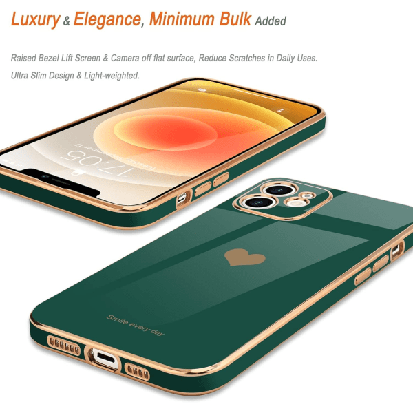 IC Kompatibelt iPhone 12-fodral för kvinnor Flickor Söt Love-Heart Lyxig Bling Mjukt skal Upphöjt Fullt Kameraskydd iPhone 12, mörkgrön