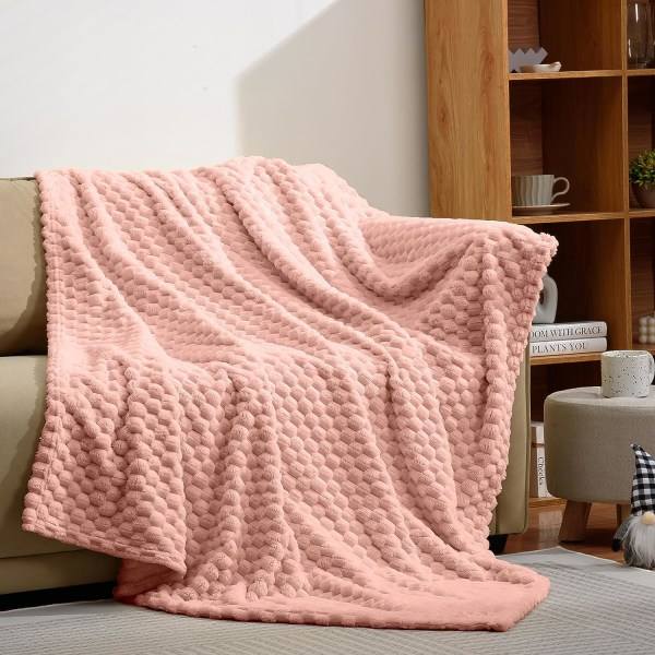 IC Flanell Fleecefilt (50x70 tum) Hexagon Jacquard Dekorativ Fuzzy Filtar för Hem, Camping och Resor, Rosa
