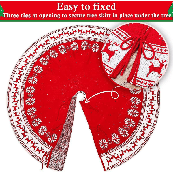 IC Julgranskjol, tjock stickad röd ren och vita snöflingor Mönsterstickad julgransmatta för dekoration av semesterfamiljen(90)