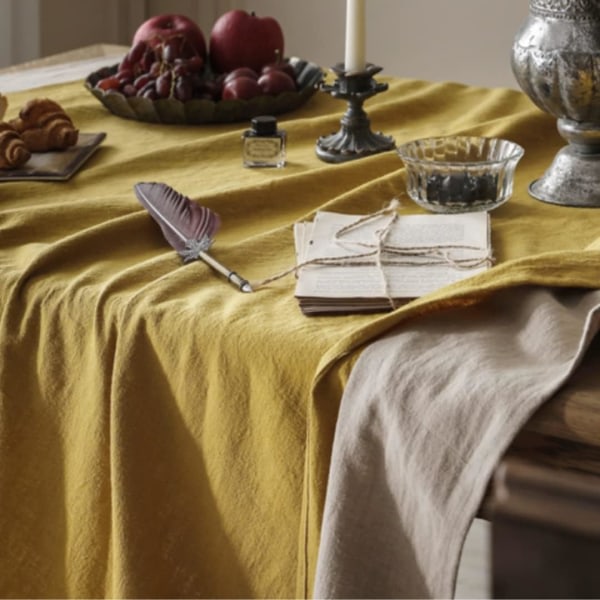 Duk i bomullslinne, gul, 56 x 70 tum, rektangulär duk, gul och beige patchworkduk