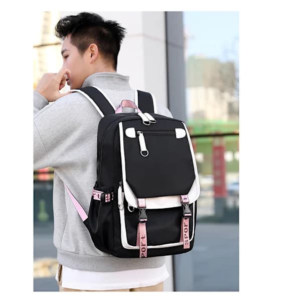 School Bag Large Capacity Backpack Multi-layer Shoulder Bag - Black with White
