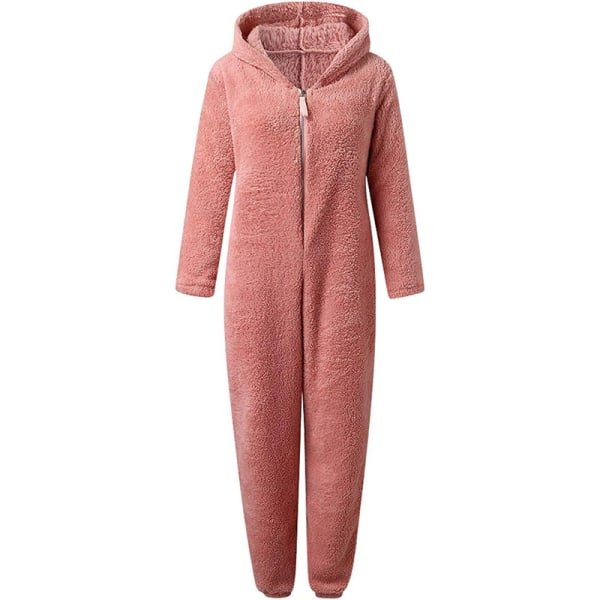 Hettegenser med dragkedja för kvinner Plysch långärmad pyjamas Bodysuits i ett stykke PINK L