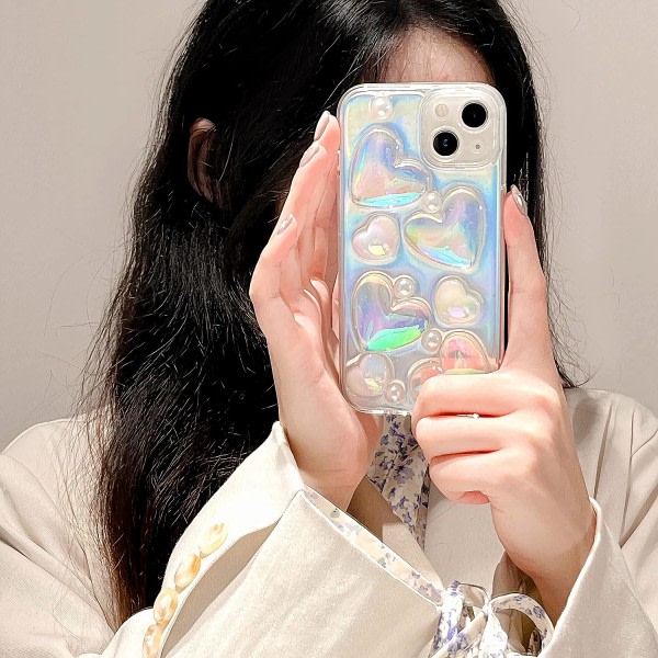 IC Hjerte Telefonetui, Sød Laser Love Hearts Form iPhone 13 Pro Max Etui, Regnbuefarvet 3D Hjerte Glitter Klar Etui med Radiumark, Slank Tynd Blød