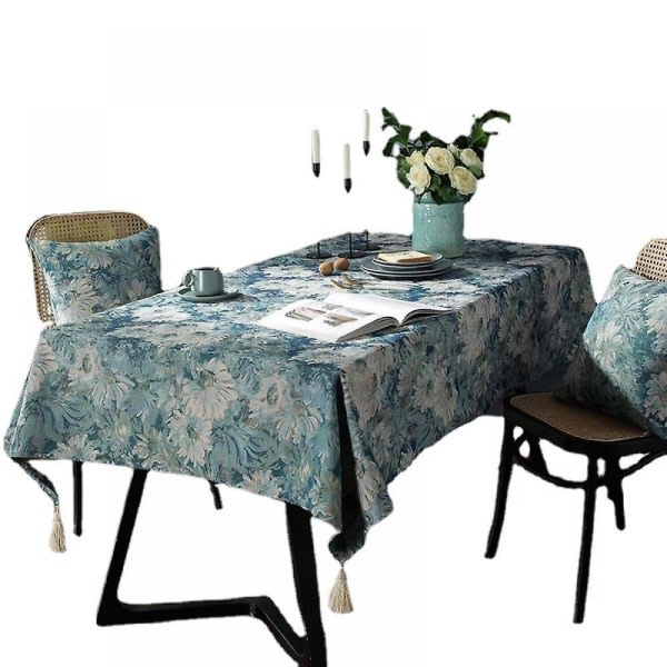 Duk med blommig oljemålningsdesign i bomulls- och linneblandning, tvättbar, rektangulär, för matbord, kök, fest
