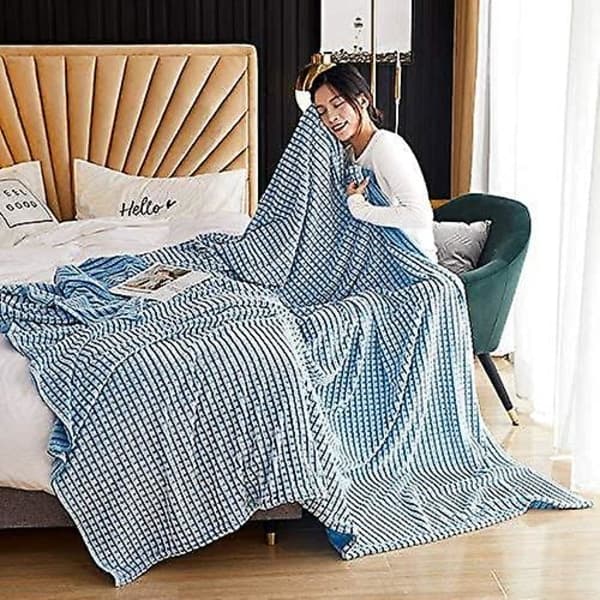 Ekstra pledd teppe, pledd fleece teppe (blått og hvitt, 120x200cm)