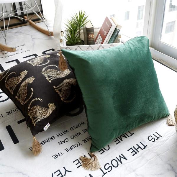 Trykt putetrekk med frynser Supermyk fløyelsdyrdesign dekorativt firkantet putetrekk (svart, 18\" x 18\")