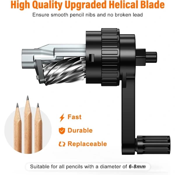 Pencil Sharpener Black, Manual Pencil Sharpener with Stronger Spiral Blade for Fast Sharpening