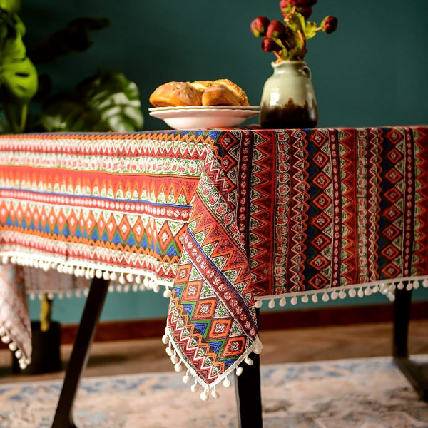 IC Pompom-tofs duk for Bohemian rektangulært borddeksel, Skrynkelfri linne Bohemian Style Design bordduk (rød, 60\"x84\")