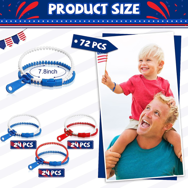 IC 72 st 4 juli Armband Patriotiska Fidget Leksaker Dragkedja Armband, Vänskap Fidget Armband Bulk, Röd Vit och Blå