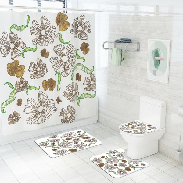 IC Lille serie af friske blomster trykte rose firedelt polyester bruseforhæng toilet gulvmåtte, A9