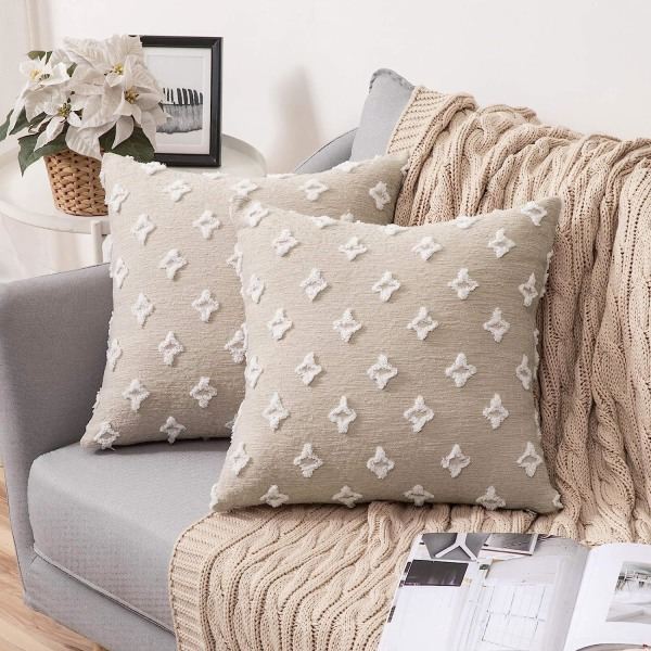 Sæt med 2 Dekorative Pudebetræk Rhombic Jacquard Pudebetræk Blødt Firkantet Case til Sofa Sovesofa Soveværelse Stue, 18x18 tommer, Beige