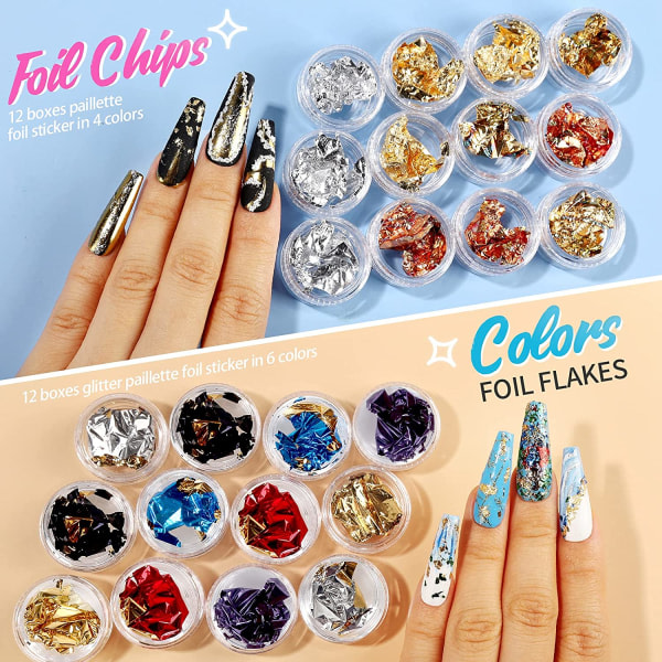 IG 5 Box 11440st Nails Strass, 36 Krukor Foils Flingor,