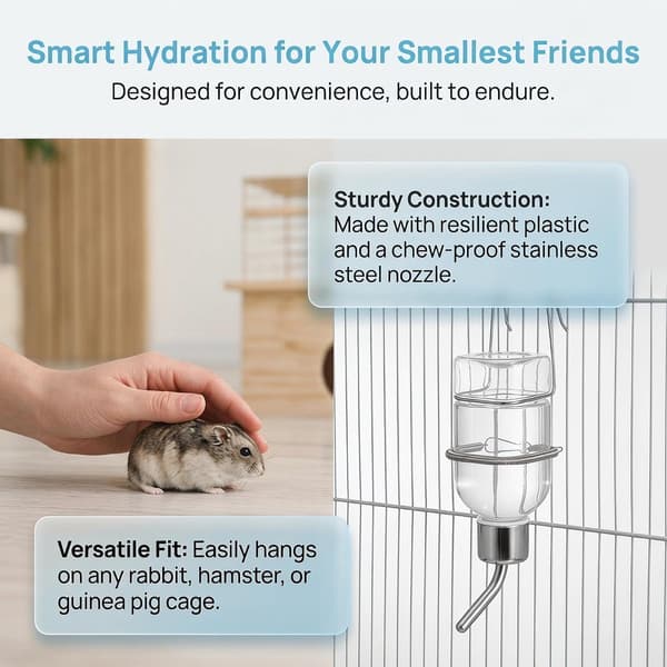 Vattenflaskor för smådjur, 2-pack, tuggtåliga, droppfria hängande gravitationsdispenser, för kaniner, hamstrar och marsvin, klar, 21 cm