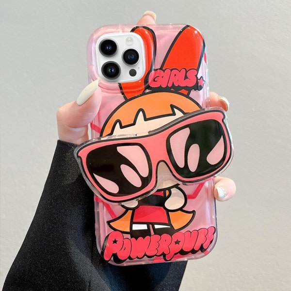 IC iPhone 14 Pro Max Söt Kawaii Cartoon-fodral Coola solglasögon Formställ Fingergrepphållare (rosa)