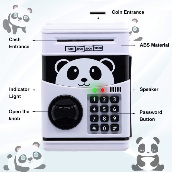 IC 1-pak elektronisk sparegris, tegnede kode pengeautomat børnesparegris, sød animeret panda, automatisk rullefunktion, sjove legetøj til børn