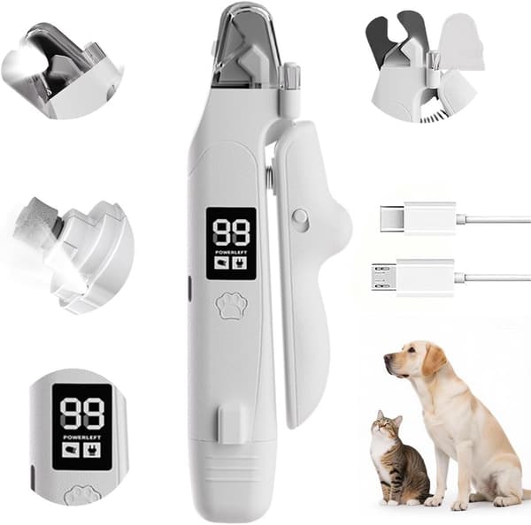 Kjæledyrnegleklipper, 2-i-1 LED elektrisk trimmer og sliper med negleavfallsoppsamler, stillegående for hunder og katter, USB-C, hvit