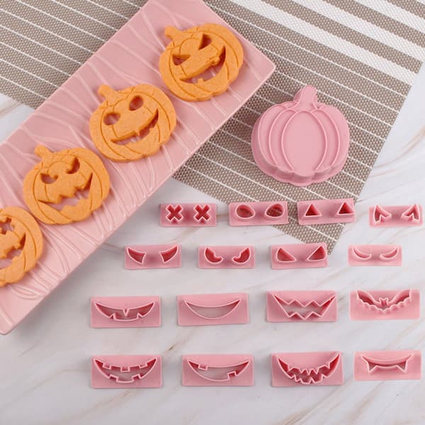 Halloween kakformset, PP-plast pumpa ansiktsformar med 8 ögon- och 8 munformer, för kakor och Halloweenfester, rosa