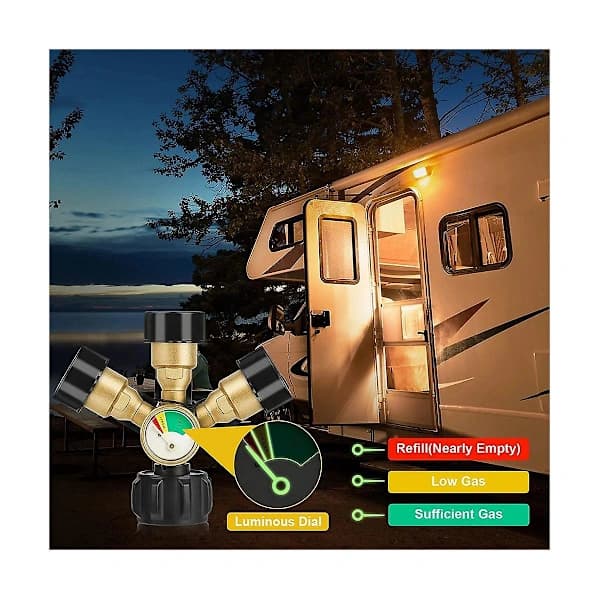 3-veis propanfordeleradapter med måler og avstengningsventiler, solid messing for grill, varmeapparat, camping, bobil, messing