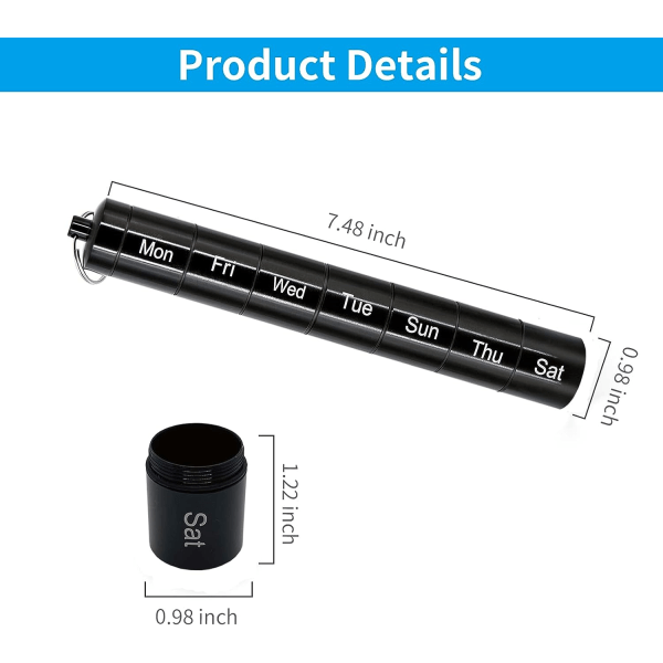 IC Svart Metall Pilleboks Organizer, 7 Dagers Pilleboks, Vanntett Nøkkelring Pilleboks