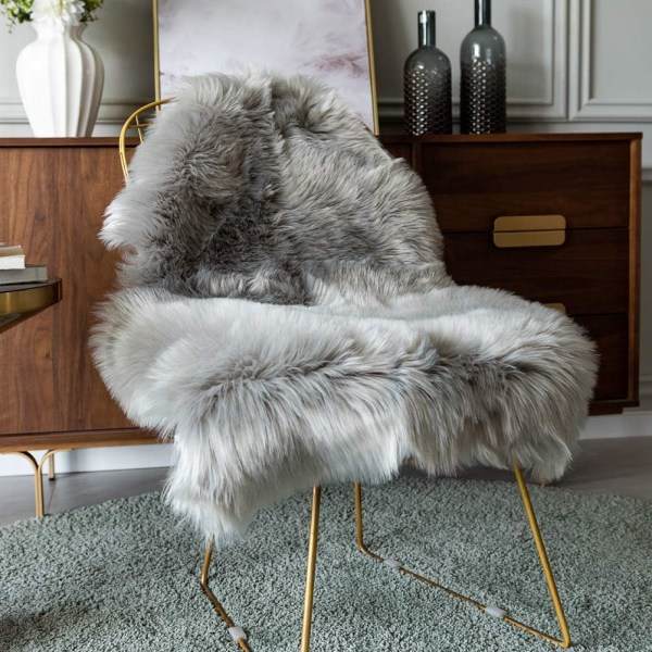 IG Vita Fuskpäls Stolsöverdrag, Fluffig Shag Fårskinn Säng Grå 2 x 3 ft