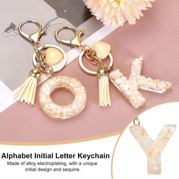 Nyckelring med initialbokstav, tofs och karbinhake för väskor, nycklar och presenter, Y, gräddvit och guld Y