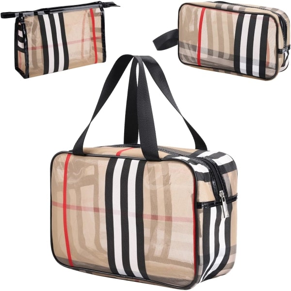 3-pack randig sminkväska Set Transparent vattentät organizer Multi organizer Dam och flickor Rutig sminkväska