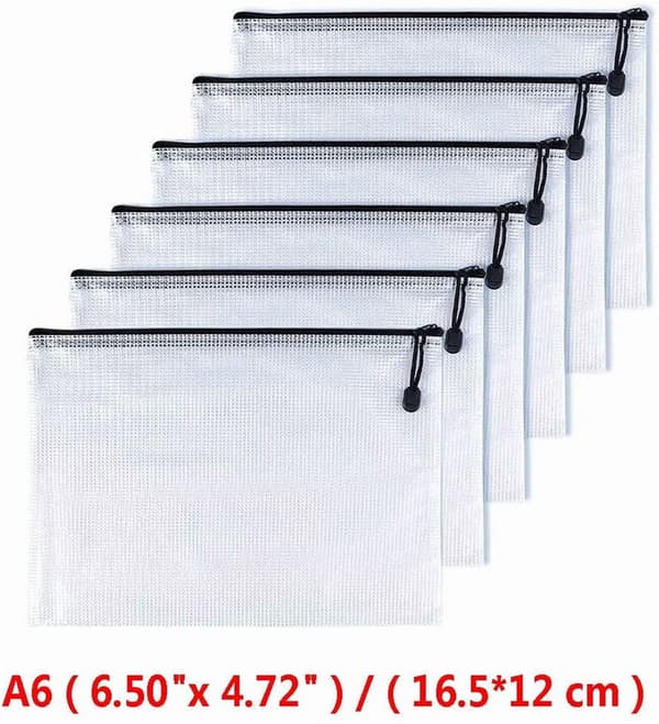 6 stk. A6 net lynlåsposer, plastik lynlåsmapper til kontorkvitteringer og kosmetik, sort, 6 x 4,5 tommer