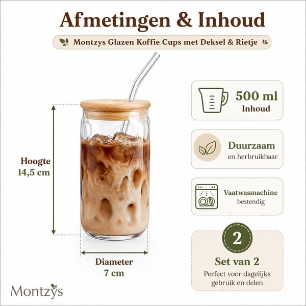 Montzys Glasmuggar med bambulock och sugrör, 473 ml (16oz) set om 2 för iskaffe, te och cocktails