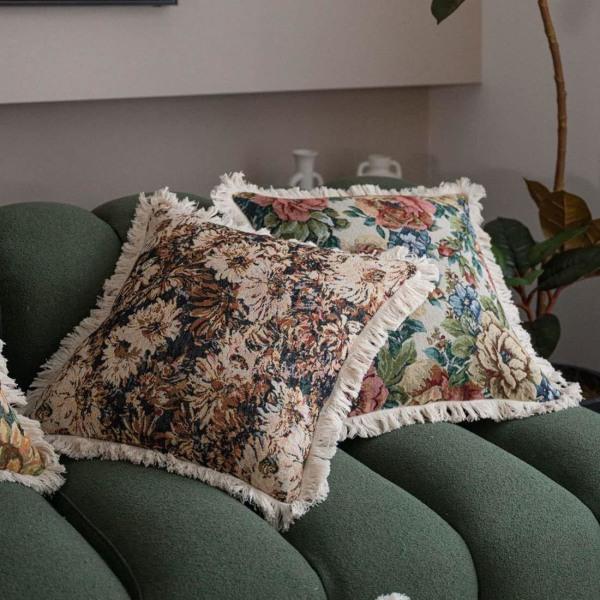 IC Vintage blomstrete jacquard dekorativt putetrekk med frynser Firkantet putetrekk Pyntepute til sofa i soverommet (Blomst C, 18\"x18\")