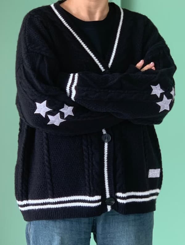 Taylor Swift Star Folklore Cardigan Stjernebroderet Oversized Strikket Bund-Op Trøje Sort Black L