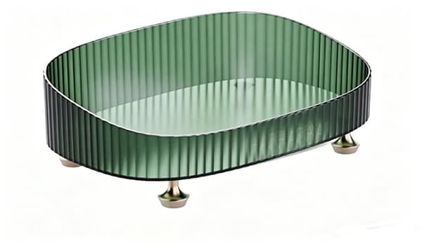 Kosmetisk opbevaringsbakke, PET makeup-organizer med hævede kanter og guldfødder til badeværelsesvask, grøn, 27 x 18 x 8,8 cm