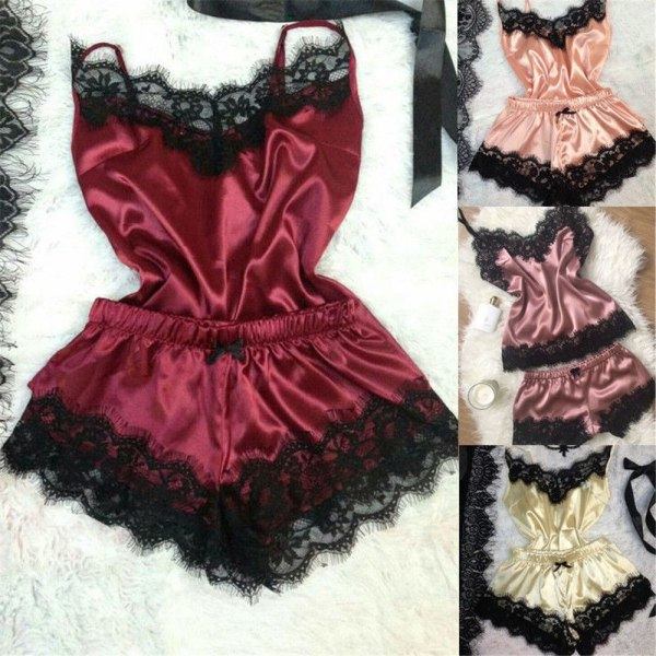 2 osaa Seksikäs satiini alusvaatteet Pitsi Univaatteet Set WINE RED S