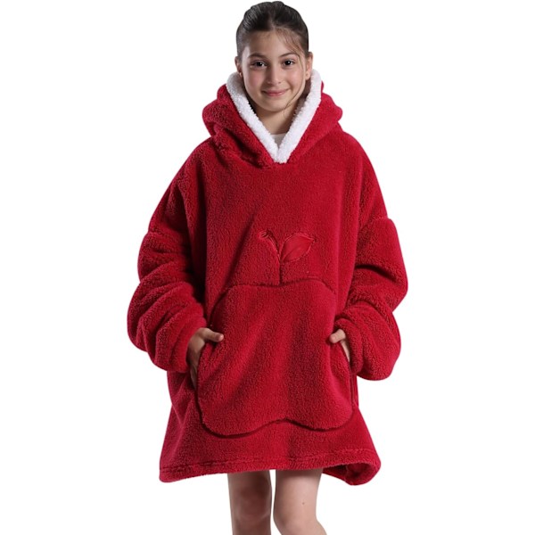 Unisex Teppegenserhette, Vintervarm Myk Oversized Sherpa Hettegenser Bærbar Teppe Badekåpe Nattkjole Nattøy Pyjamas RED One size