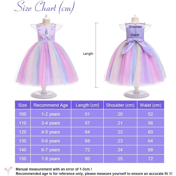 Barnekjole med enhjørningkostyme, jentekjole med enhjørning, blomsterjenter uten ermer, festantrekk, bursdagsantrekk, enhjørningskjede, enhjørningshårbånd Purple 130 cm for 5–6 years