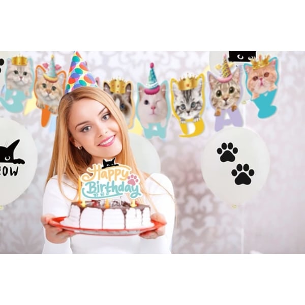 IC Kattfestdekorationer Söt katt Födelsedagsfesttillbehör 32 st Meow Husdjursdekorationer för Flickor Pojkar Födelsedagsballonger
