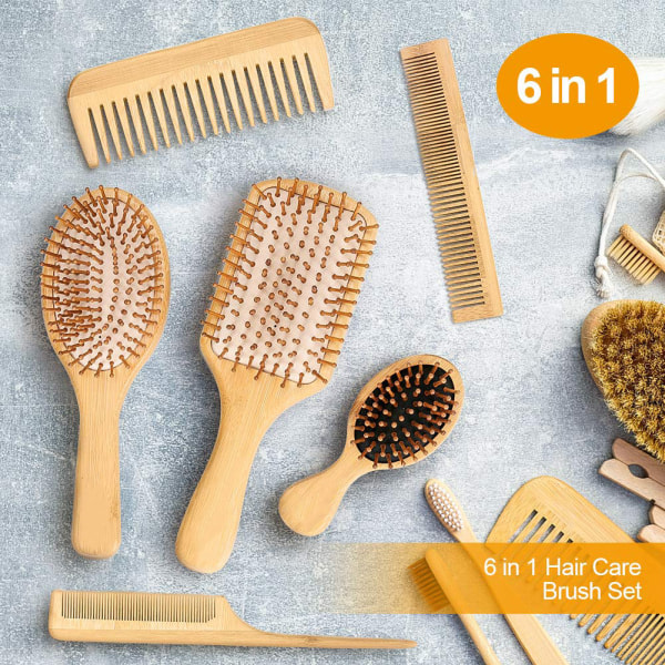 IC 6 i 1 hårborstekam for män Kvinnor Set for hårborste av bambuborste med svanskam, tandkam, dubbelhuvudkam