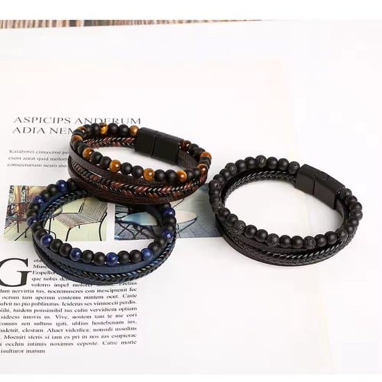 KHRONOX Blått flätat PU-läderarmband för män med naturstenspärlor, magnetlås i rostfritt stål, 23 cm, present