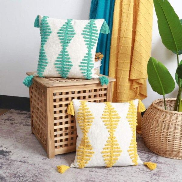 IC Dekorative Boho-flettede geometriske putetrekk med frynser Firkantede putetrekk Pynteputer til sofa Stol (grønn, 18\"x18\")