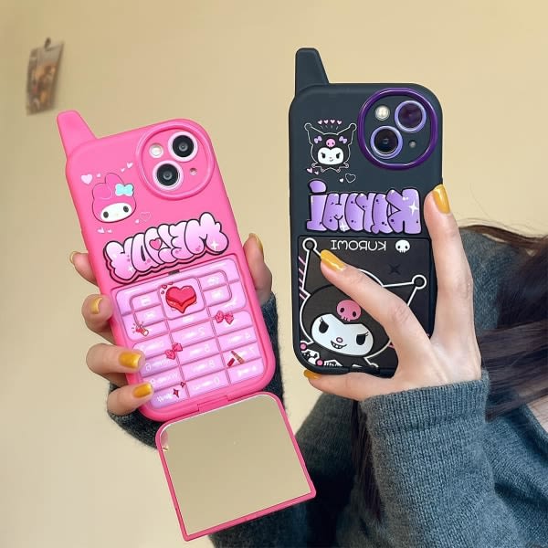 IC Cartoon Case för iPhone 13 pro max, Retro Kawaii Söt phone case med sminkspegel Mjukt stötsäkert TPU- cover för flickor Barn Tonåringar (rosa)