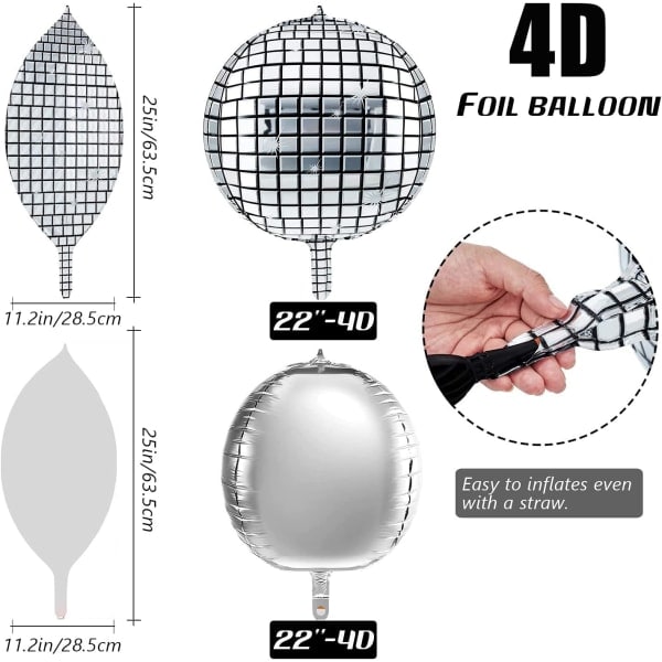 IC Svart Silver Ballong Girlang Båge Kit, Svart Silver Metalliska Ballonger 4D Disco Folieballonger med 16 Ft Strip för Bröllop