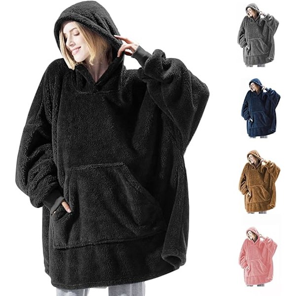 Hættetrøje-tæppe, Oversized Sherpa Hættetrøje, Bærbar Hættetrøje-tæppe, Super Blød Varmt Behageligt Tæppe-Hættetrøje, One Size Passer Alle Voksne Black