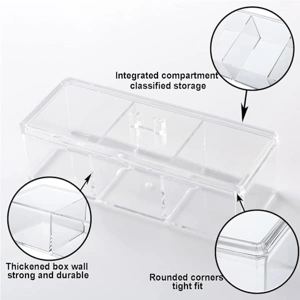 1 pc Square Qtip Holder, 3-Compartment Cotton Pad and Pad Organizer, Clear Acrylic Containers with Lids for Bathroom Vanity