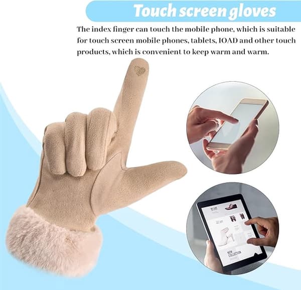 Vinterhandsker til kvinder, fortykket polyester, touchscreen-fingerspidser, vindtæt, til cykling, pendling og vandreture, beige, one size