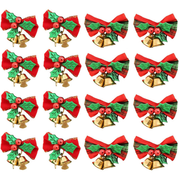 IC 16-pak julebånd med klokker Xmas Mini Bowknot Håndværk Gavepynt Juletræshængende Dekoration