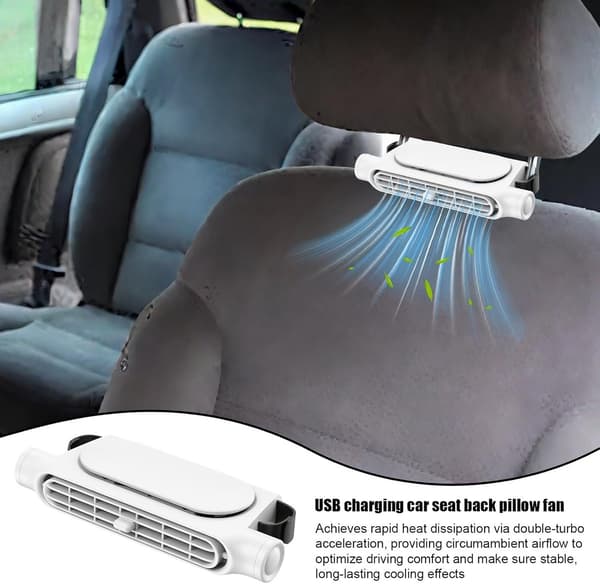 Bil nakkestøttevifte, USB oppladbart 3000mAh batteri, justerbar luftstrøm, stillegående ABS-ventilator for baksetepassasjerer, hvit