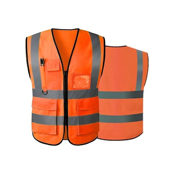 Høj Synlighed Reflekterende Sikkerhedsvest med Lynlåslommer foran - Opfylder ANSI/ISEA Standarder (Orange Farve - Størrelse: L)