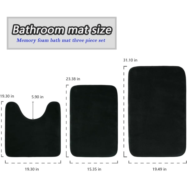 IC Memory Foam Bademåtte 3-delt sæt, superabsorberende, stærk PVC anti-slip bagside, badeværelsesmåtte, plys blød, tyk, maskinvaskbar, sort