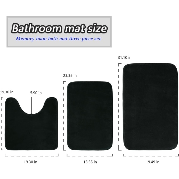 IC Minnesskum Badmatta 3-delars Set, Superabsorberande, Stark PVC Halkskyddande Bak, Badrumsmatta, Plysch Fluffig, Tjock, Maskintvättbar, Svart