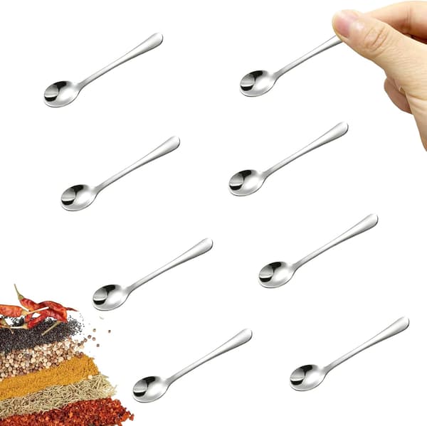 8 Mini Kryddeskjeer i Rustfritt Stål - 7.3cm - For Salt, Sukker og Honning