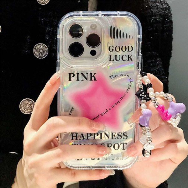 IC Case for iPhone 14 med telefonberlock/kedja, glittrande rosa stjärnmönster Klart sött phone case ja Pearl Love